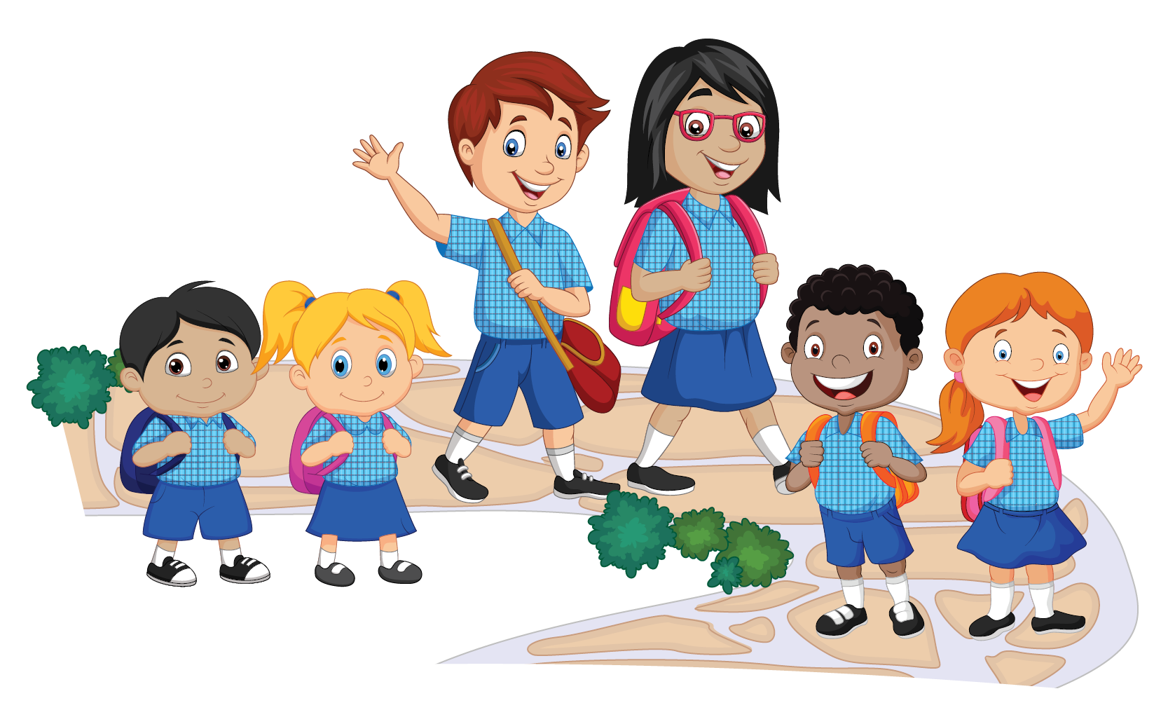 Children in school uniform walking together with backpacks, representing a positive start to learning, friendship and the primary school journey